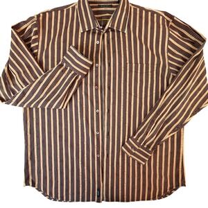 Island Soft Mens XXL Brown‎ Striped Cotton Silk Long Sleeve Button Down Shirt